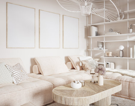 Mockup frame in interior background, room in light pastel colors, Scandi-Boho style, 3d renderの写真素材