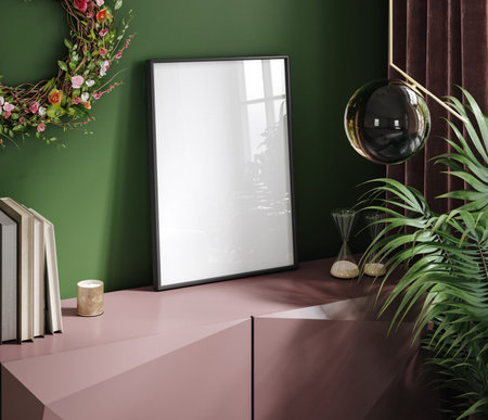 Frame mockup in home interior, luxury modern dark living room , 3d render