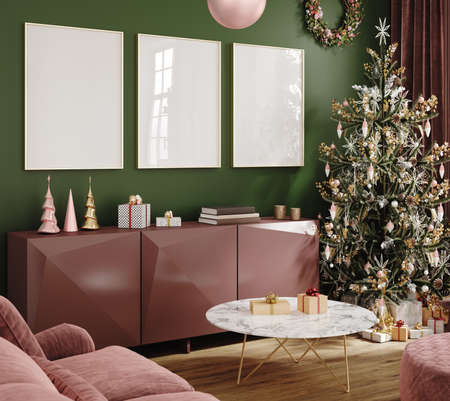Poster mockup in green room decorated for Christmas, 3d renderの写真素材