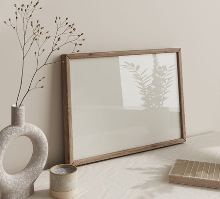 Mock up frame close up in home interior background, Boho style, 3d render
