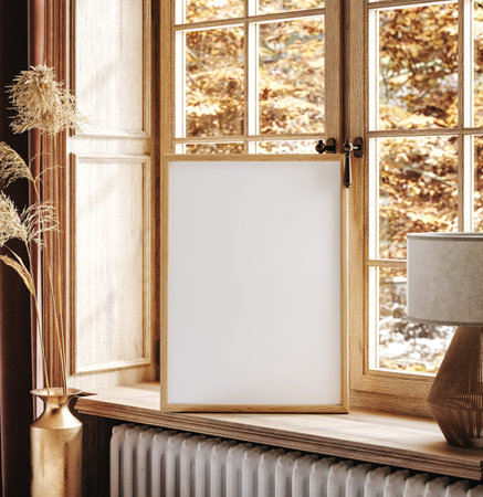 Mockup frame close up standing near window at autumn time, 3d render