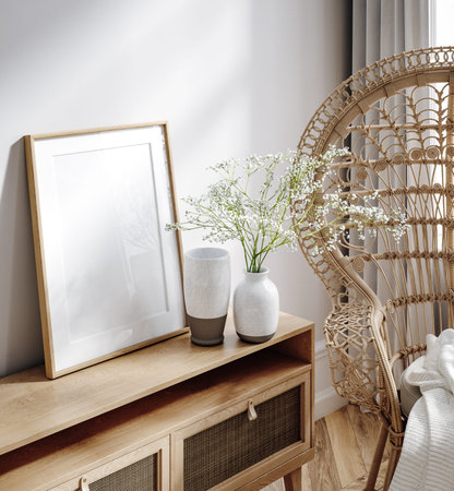 Mockup frame in Coastal boho interior background, 3d render