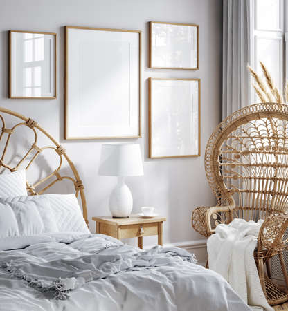 Mockup frame in Coastal boho interior background, 3d renderの写真素材
