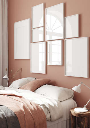 Mockup frame in simple bedroom background, 3d renderの写真素材