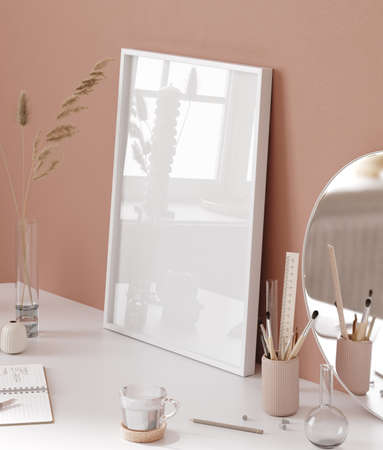 Mockup frame in simple bedroom background, 3d renderの写真素材
