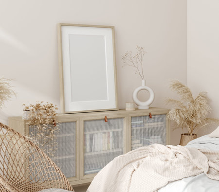 Mock up frame in home interior background, beige room with natural wooden furniture, Scandi-Boho...