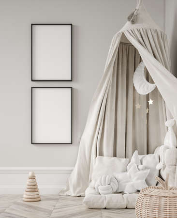 Frame poster mockup in children room interior background, 3D renderの写真素材
