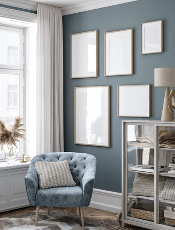 Home interior mock-up with armchair and decor in modern living room, 3d render
