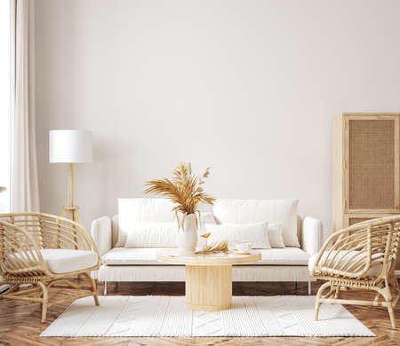 Home mockup, room in light pastel colors, Scandi-Boho style, 3d renderの写真素材