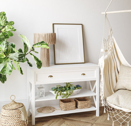 Mockup frame in Coastal living room interior background, 3d renderの写真素材