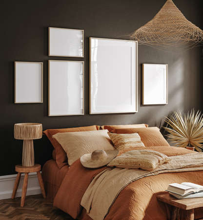 Poster frame mockup in dark bedroom interior background with rattan furniture, 3d renderの写真素材