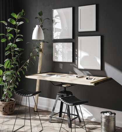 Poster mock up in modern black home interior background, home office in industrial style, 3d renderの写真素材