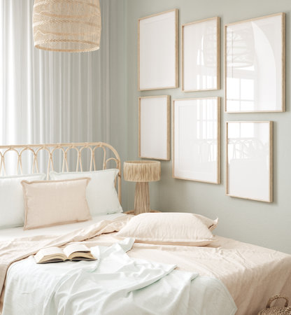 Mockup frame in bedroom interior background, Scandi-Boho style, 3d renderの写真素材