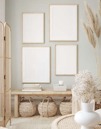 Mockup frame in interior background, room in light pastel colors, Scandi-Boho style, 3d renderの写真素材