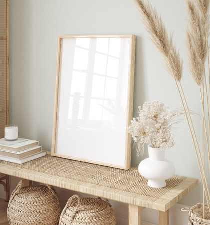 Mockup frame in interior background, room in light pastel colors, Scandi-Boho style, 3d render