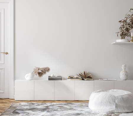 Modern living room interior background, wall mockup, 3d renderの写真素材