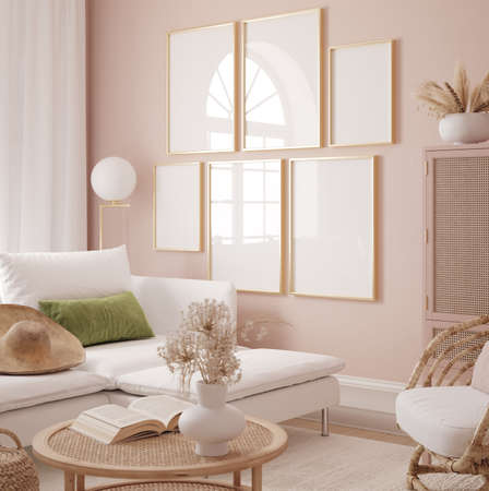 Mockup frame in interior background, room in light pastel colors, Scandi-Boho style, 3d renderの写真素材
