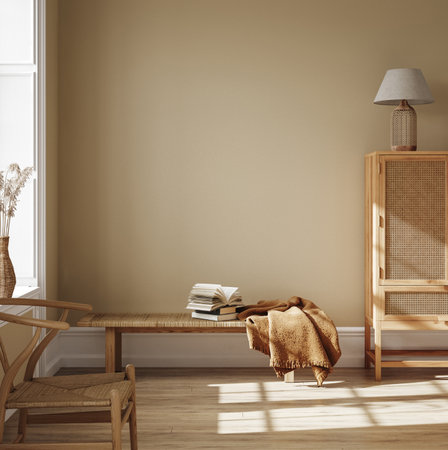 Scandinavian farmhouse living room interior, wall mockup, 3d renderの写真素材