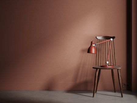 Chair with lamp in living room interior, dark brown wall mock up background, 3D renderの写真素材
