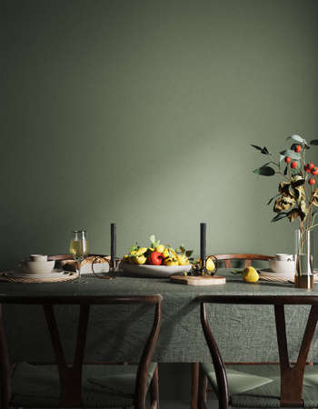 Blank wall in cozy dark dining room interior, 3d renderの写真素材