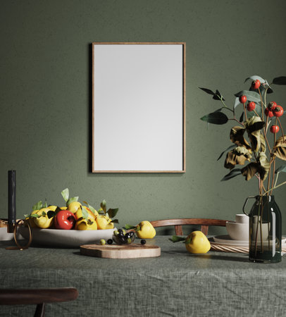 Mock up frame in cozy dark dining room interior background, 3d renderの写真素材