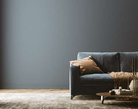 Modern home interior mock-up with dark blue sofa, table and decor in living room, 3d renderの写真素材