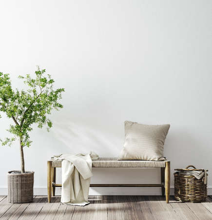 Farmhouse hallway interior, wall mockup, 3d renderの写真素材