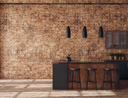 Living room interior in loft, industrial style, 3d renderの写真素材
