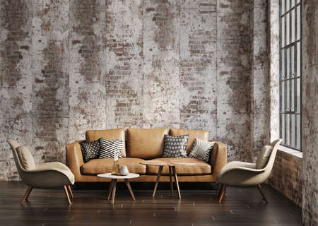 Living room interior in loft, industrial style, 3d renderの写真素材