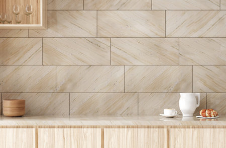 Blank wall mockup in kitchen interior background, 3d render