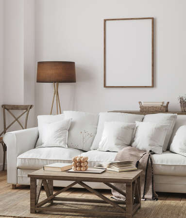 Mockup frame in farmhouse living room interior, 3d renderの写真素材