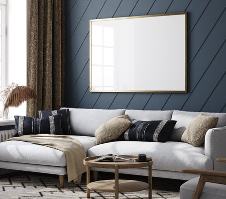 Frame mockup in home interior, living room in dark blue color, 3d renderの写真素材