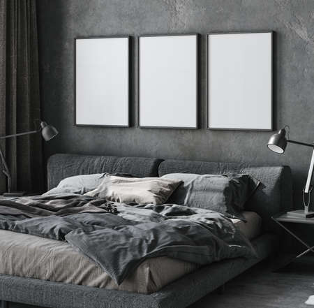 Frame mockup in loft bedroom interior, 3d renderの写真素材