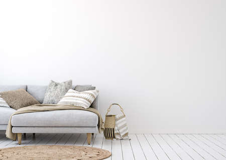 Living room interior background with neutral grey sofa, wall mockup, 3d renderの写真素材