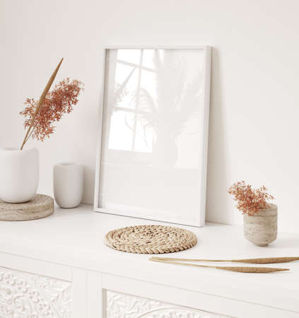 Mockup frame in farmhouse living room interior, 3d renderの写真素材