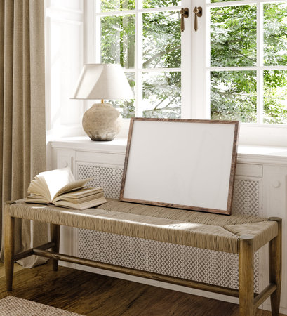 Mockup frame in farmhouse living room interior, 3d render