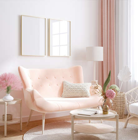 Mockup frame in interior background, room in light pastel colors, Scandi-Boho style, 3d renderの写真素材