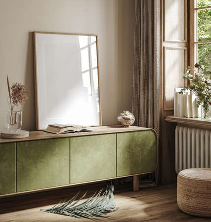 Poster frame mock-up in home interior background with commode and decor in living room, 3d renderの写真素材