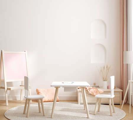 Wall mockup in warm colored girl bedroom, 3D renderの写真素材