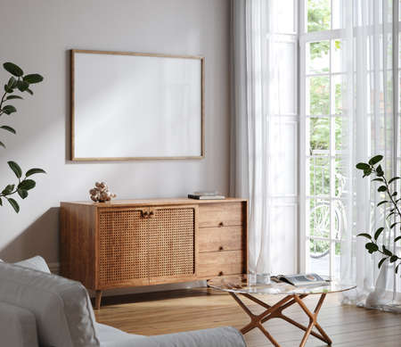 Mockup frame in Scandinavian living room interior background, 3d renderの写真素材