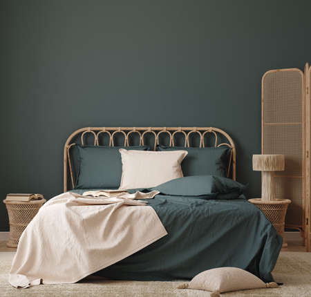 Home mockup, dark blue bedroom interior background with rattan furniture, 3d renderの写真素材