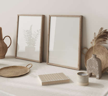 Mock up frame close up in home interior background, Boho style, 3d renderの写真素材