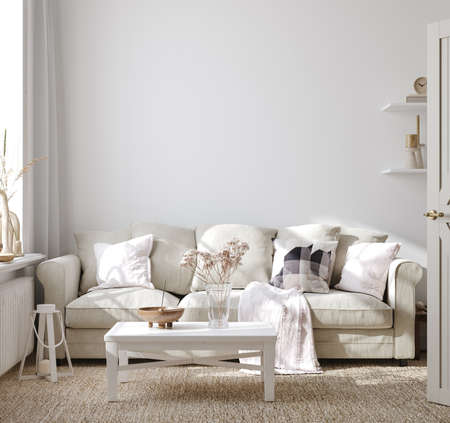 Scandinavian farmhouse living room interior, wall mockup, 3d renderの写真素材