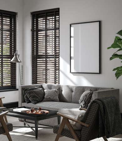 Mockup frame in American living room interior, loft apartment, 3d renderの写真素材