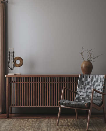 Home interior with ethnic decoration, living room in grey color with wooden furniture, 3d renderの写真素材