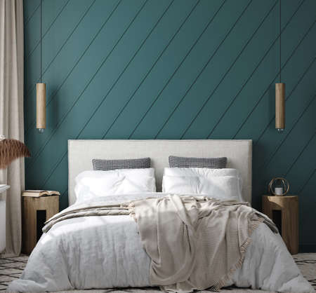 Modern bedroom interior background, blank wall mockup, 3d renderの写真素材