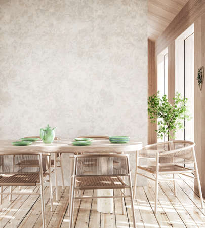 Cozy light dining room interior background, 3d renderの写真素材
