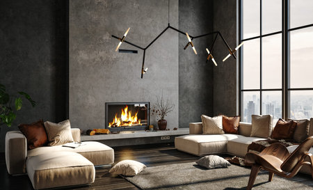 Dark living room loft with fireplace, industrial style, 3d render