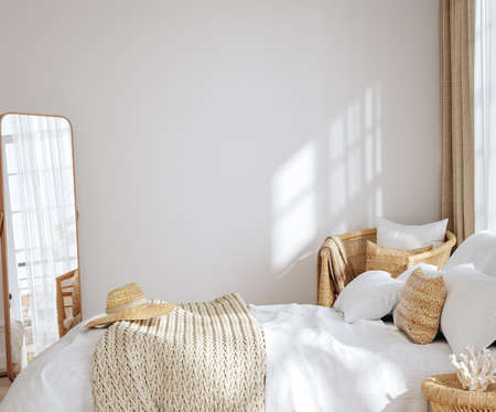 Home mockup, bedroom interior background with rattan furniture and blank wall, Coastal style, 3d renderの写真素材