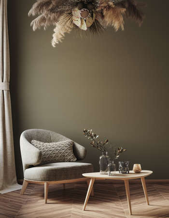 Home interior mock-up with armchair, table and decor in living room, 3d renderの写真素材